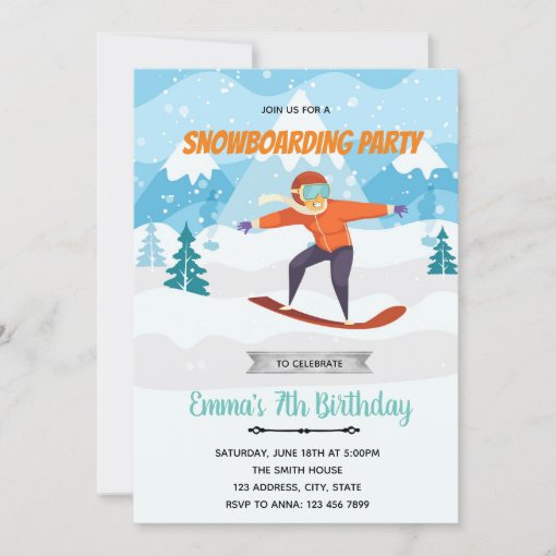 Snowboarding birthday party invitation | Zazzle