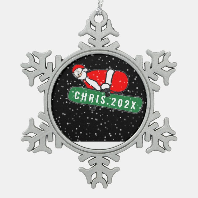 Snowboarding Christmas Collectible Snowflake Pewter Christmas Ornament (Front)