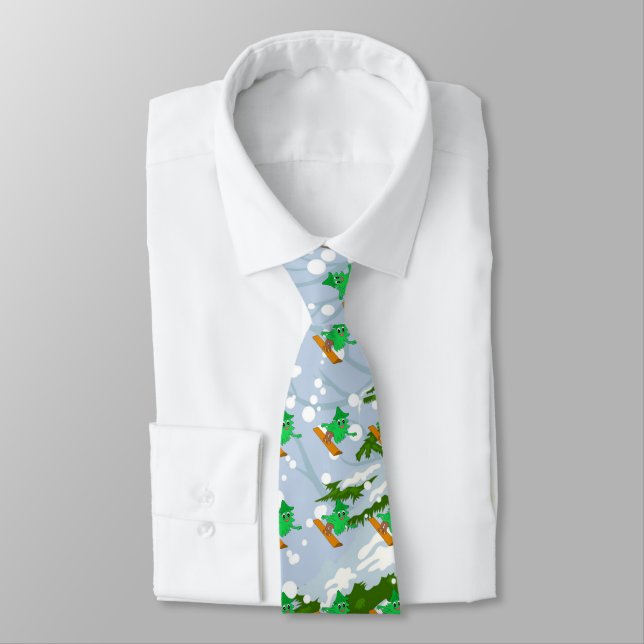 Snowboarding Christmas Tree Neck Tie (Tied)