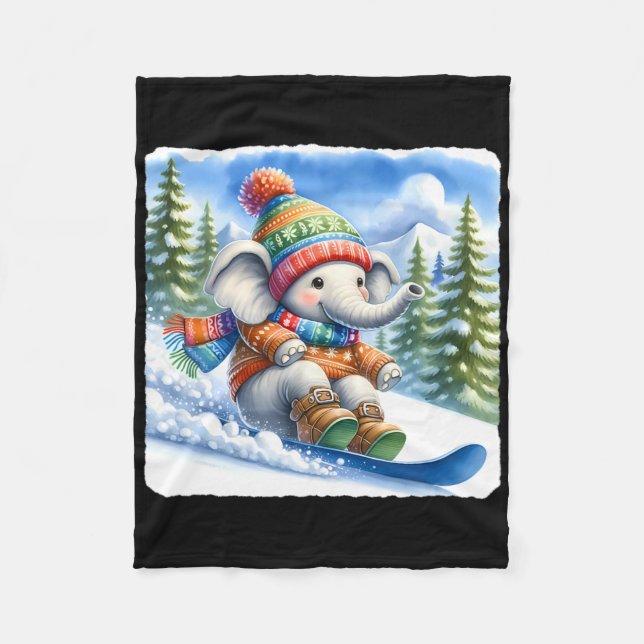 Snowboarding Elephant On Snowy Hill With Pines. Co Fleece Blanket (Front)