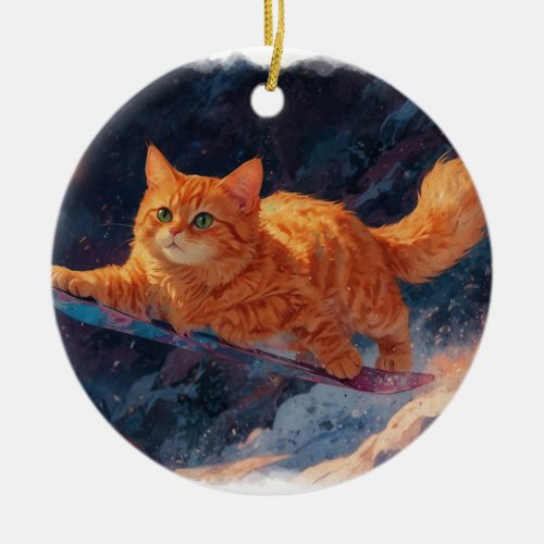 Snowboarding Ginger Kitten Cartoon Art Ceramic Ornament