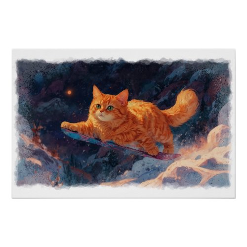 Snowboarding Ginger Kitten Cartoon Art Poster