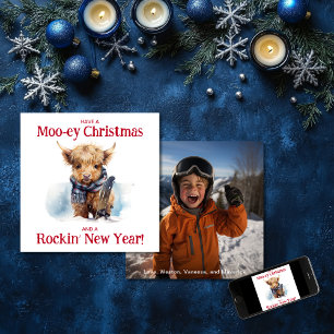 Snowboarding Highland Cow Christmas Photo Holiday Card