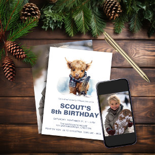 Snowboarding Highland Cow Photo Invitation