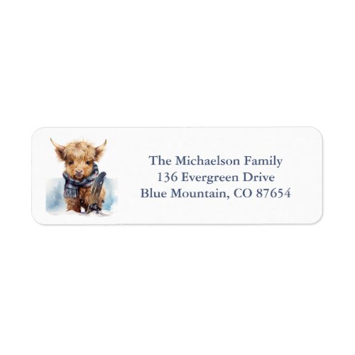 Snowboarding Highland Cow Return Address Labels