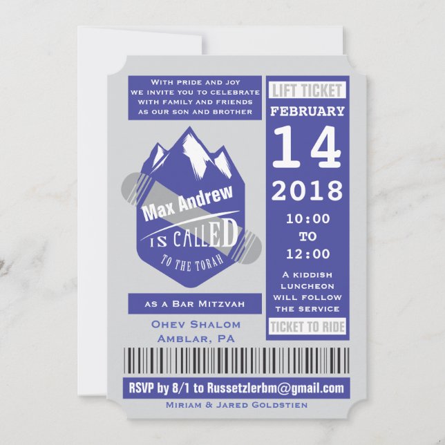 SNOWBOARDING LIFT TICKET Bar Mitzvah Invitation (Front)