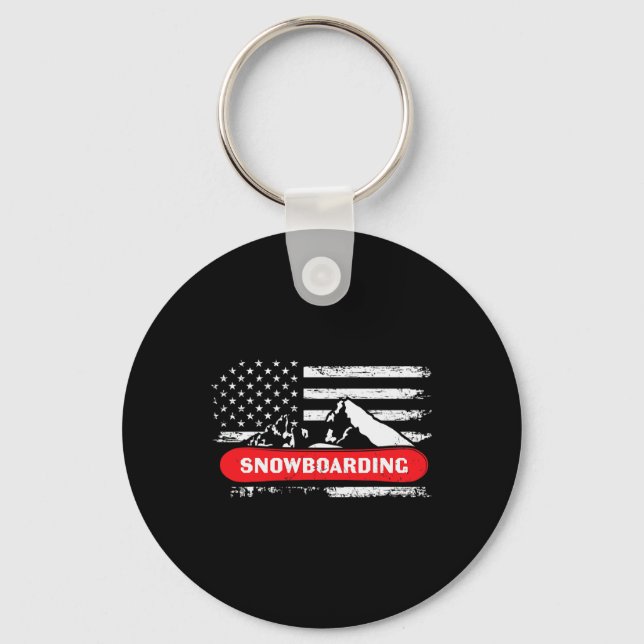 Snowboarding Mountain With American Flag Design -  Keychain (Front)