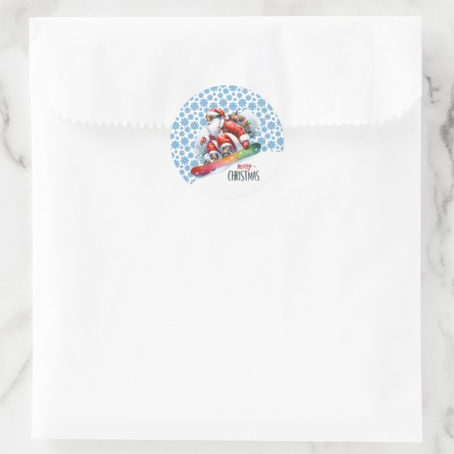 Snowboarding Santa  Classic Round Sticker (Bag)