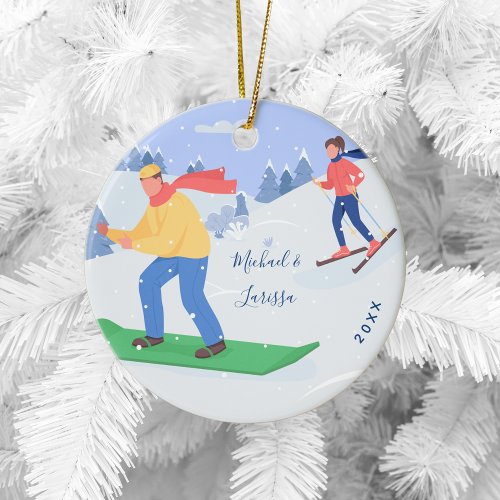 Snowboarding &amp; Skiing Extreme Winter Sports Couple Ceramic Ornament