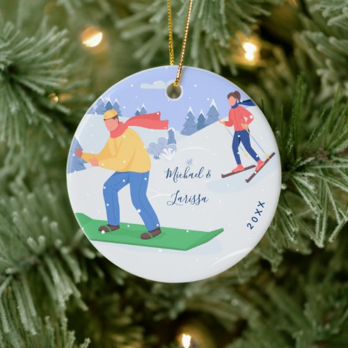 Snowboarding  Skiing Extreme Winter Sports Couple Ceramic Ornament