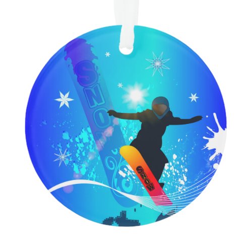 Snowboarding, snowboarder with board on blue backg ornament