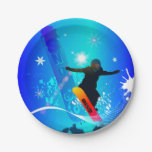 Snowboarding, snowboarder with board on blue backg paper plates
