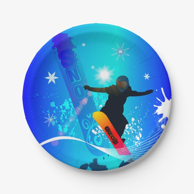 Snowboarding, snowboarder with board on blue backg paper plates (Front)