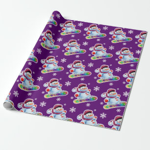 Snowboarding snowman matte purple wrapping paper