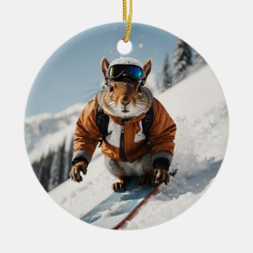 Snowboarding Squirrel Wintertime Whimsical Animal Ceramic Ornament