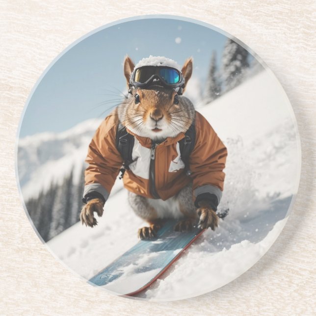 Snowboarding Squirrel Wintertime Whimsical Animal Coaster (Front)