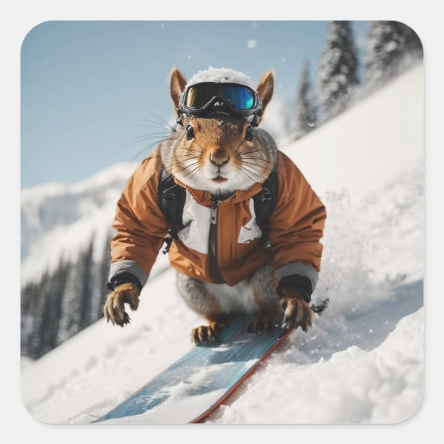Snowboarding Squirrel Wintertime Whimsical Animal Square Sticker (Front)