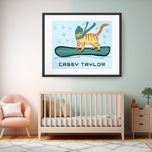 SNOWBOARDING Tabby Cat Funny CUSTOM NAME Nursery Poster