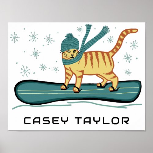 SNOWBOARDING Tabby Cat Funny CUSTOM NAME Nursery  Poster