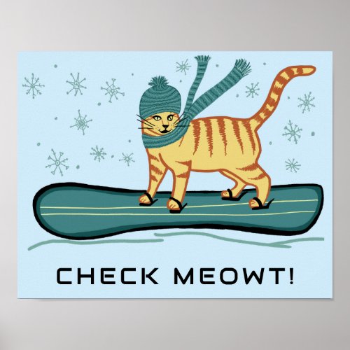 SNOWBOARDING Tabby Cat Funny CUSTOM TEXT Nursery  Poster