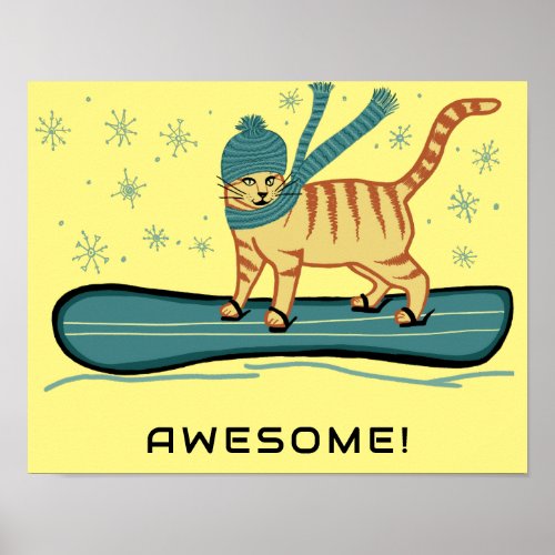 SNOWBOARDING Tabby Cat Funny CUSTOM TEXT Nursery  Poster