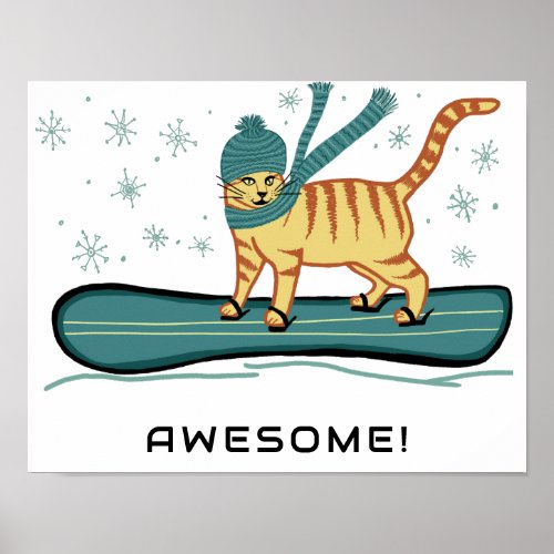 SNOWBOARDING Tabby Cat Funny CUSTOM TEXT Nursery  Poster