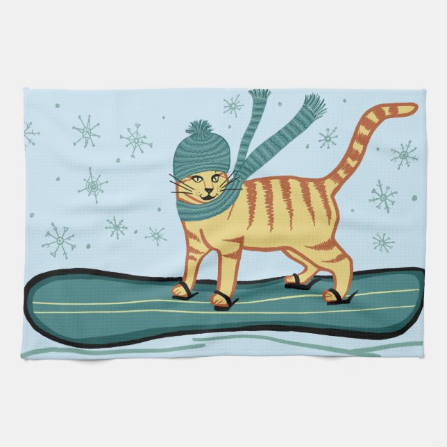 Snowboarding Tabby Cat Kitchen Towel (Horizontal)