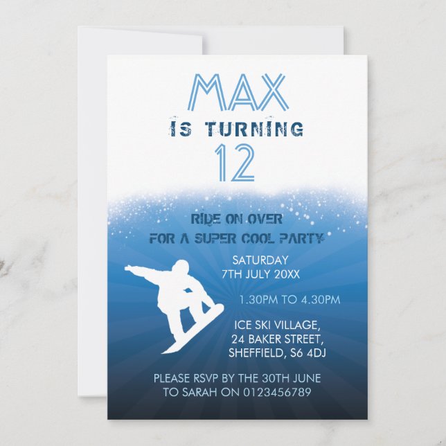 Snowboarding themed birthday party invitation (Front)