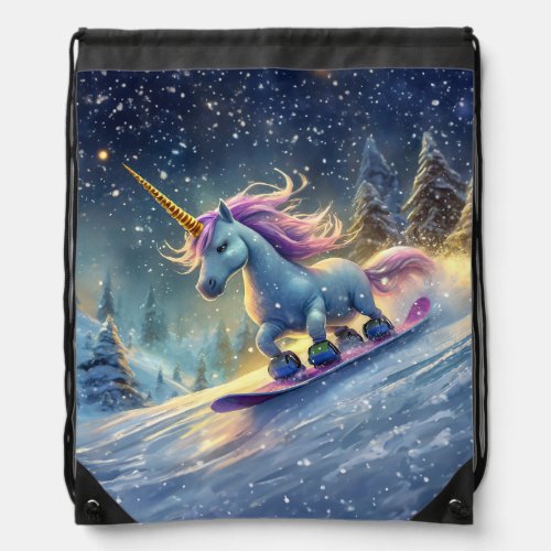 Snowboarding Unicorn Design By Rich AMeN Gill Drawstring Bag
