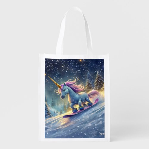 Snowboarding Unicorn Design by Rich AMeN Gill Grocery Bag