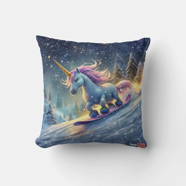 Snowboarding Unicorn Design by: Rich AMeN Gill Throw Pillow (Front)