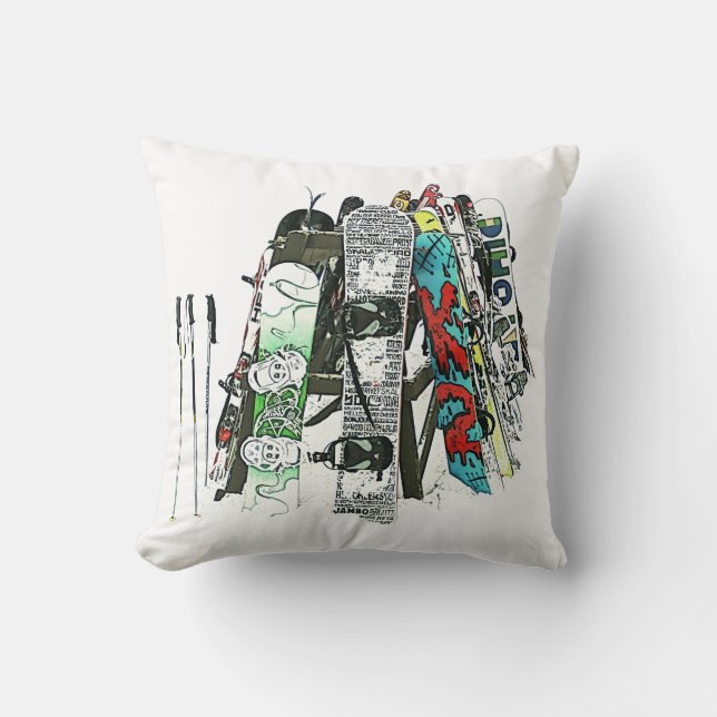 Snowboards in the snow throw pillow (Front)