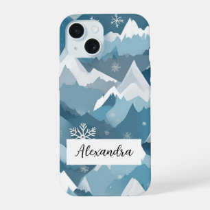Snowcapped Mountains Layered Snowflakes Winter iPhone 15 Case