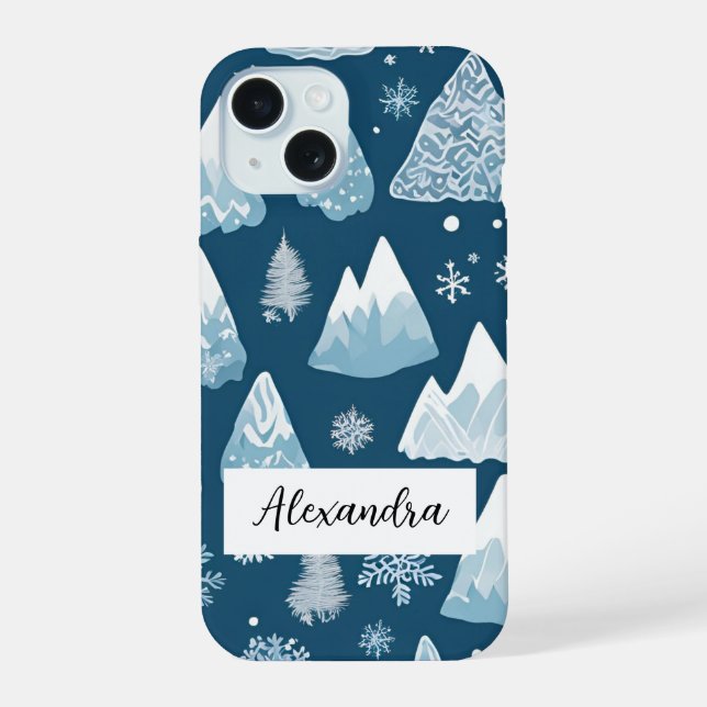 Snowcapped Mountains with Pine Trees Snowflakes iPhone 15 Case (Back)