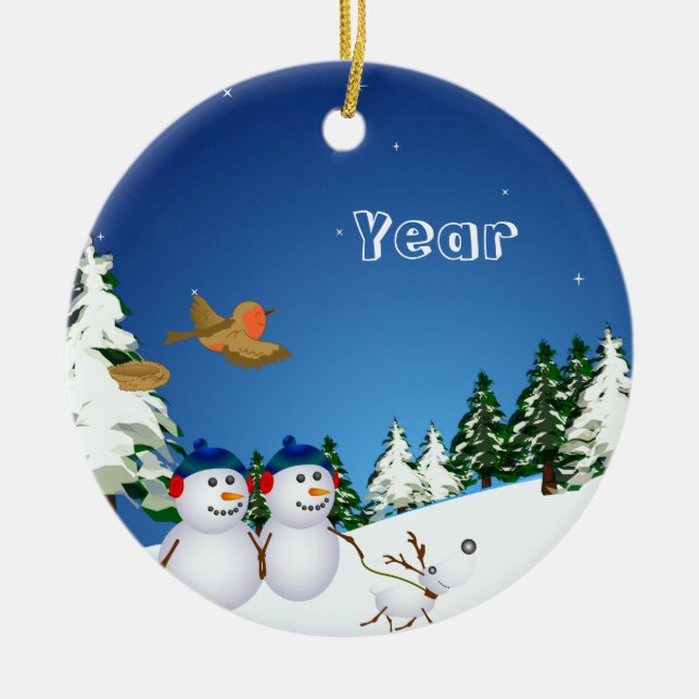 Snowcouple & Dog Ceramic Ornament (Front)