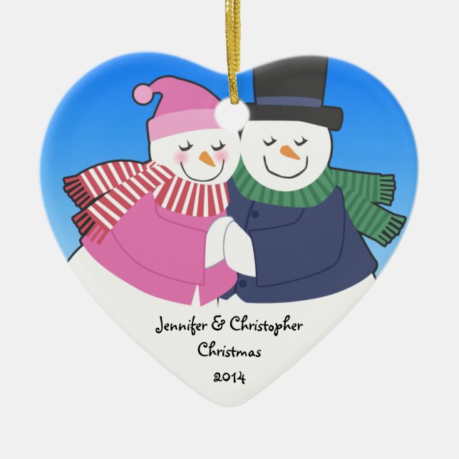 Snowcouple Heart Personalized Holiday Ornament (Front)
