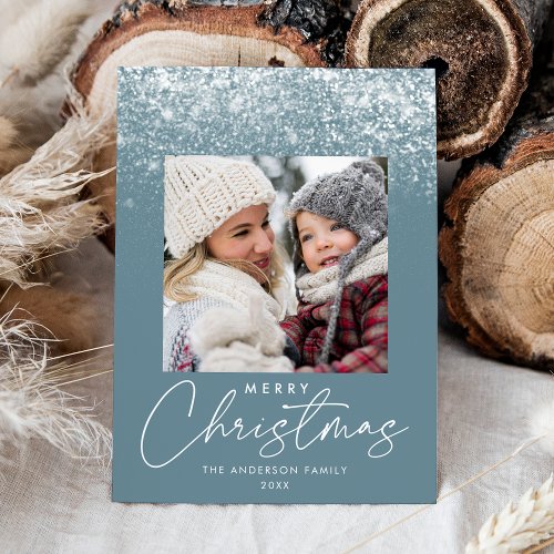 Snowdrift Merry Christmas Blue Frost Photo Holiday Card