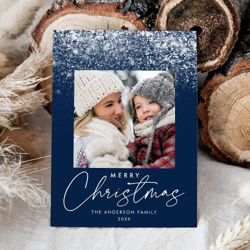 Snowdrift Merry Christmas Navy Blue Photo Holiday Card