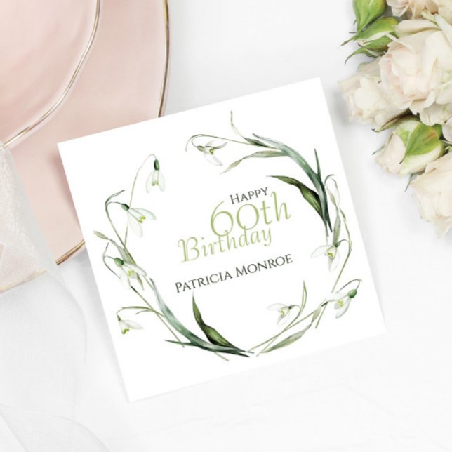 Snowdrop 60th Birthday Watercolor Botanical Green  Napkins (Creator Uploaded)