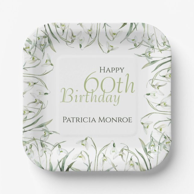 Snowdrop 60th Birthday Watercolor Botanical Paper Plates (Front)