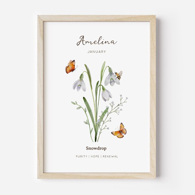 Snowdrop Birth Month Flower Poster (Example of snowdrop birth flower poster once framed. )