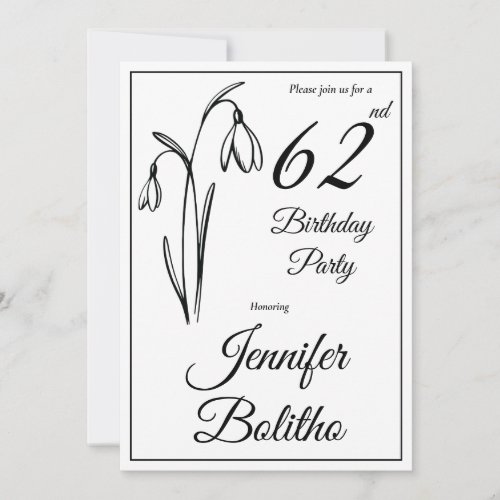 Snowdrop Floral Black And White Any Age Birthday Invitation