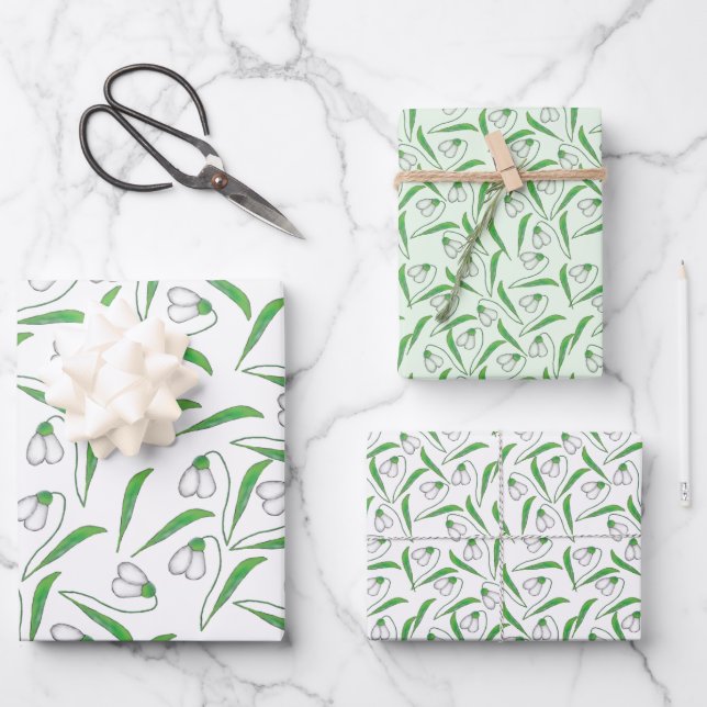 Snowdrop pattern White, Mint Wrapping Paper Sheets (Front)