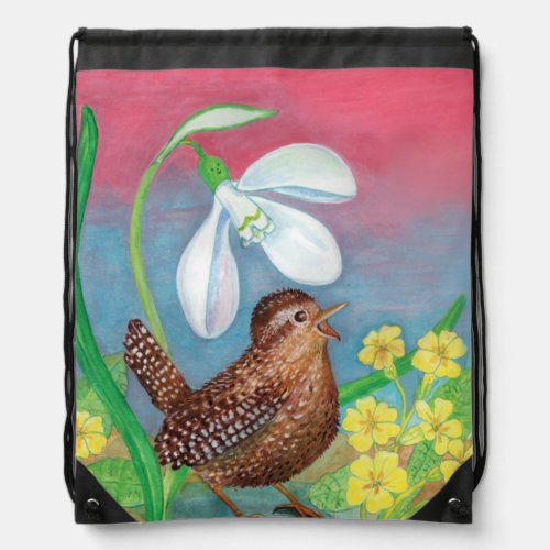 Snowdrop  wren bird  spring   drawstring bag