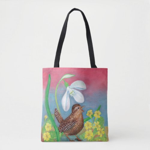 Snowdrop  wren bird  spring    tote bag