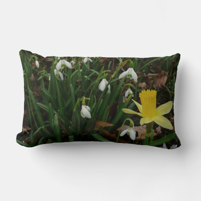 Snowdrops and Daffodil Spring Floral Lumbar Pillow (Front)
