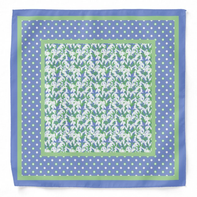 Snowdrops and Polka Dots on Blue Border Pattern Bandana (Front)