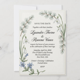 Snowdrops, Blue Gentian, Pine Needles, Multi-Line Invitation