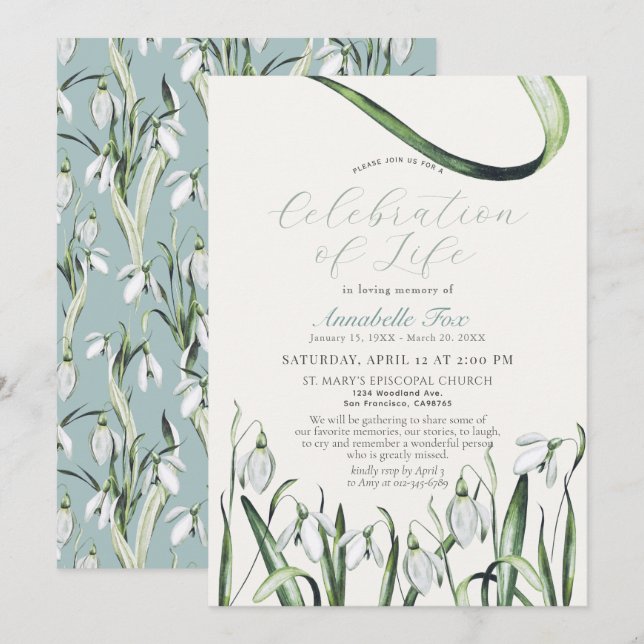 Snowdrops Celebration of Life Funeral Memorial Invitation (Front/Back)