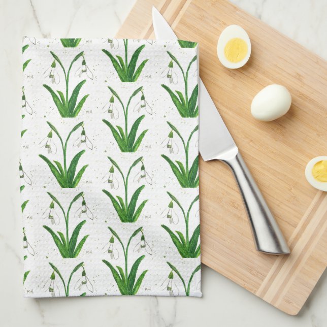 Snowdrops Floral White Flowers Nature Watercolor Kitchen Towel (Quarter Fold)